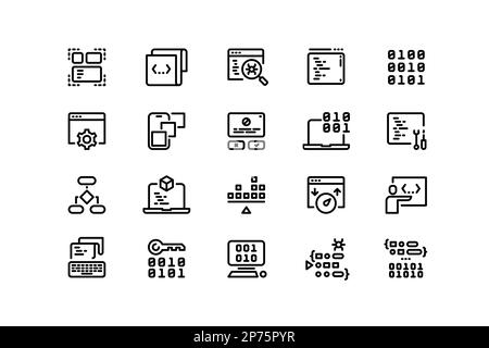 Icônes de ligne d'encodage. Édition, exécution et débogage de code de programme, architecture logicielle, développement et optimisation d'applications. Vecteur modifiable Illustration de Vecteur