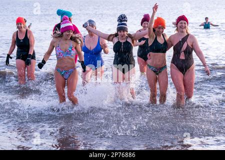 Des centaines de nageurs prennent un bain de soleil au Firth of Forth à Portobello Beach, Édimbourg, pour la Journée internationale de la femme. L'argent recueilli au cours de l'événement doit être donné à l'organisme de bienfaisance Women's Aid et cette année, c'est le 50th anniversaire de la succursale d'Édimbourg. Date de la photo: Mercredi 8 mars 2023. Banque D'Images