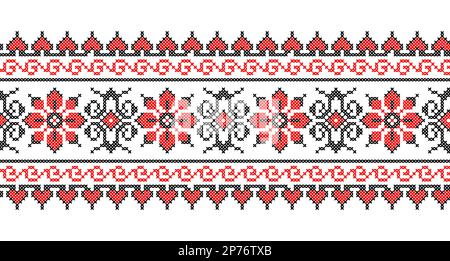 Modèle ukrainien de vyshyvanka. Décoration florale vectorielle, bordure. Ukrainien populaire, ethnique, broderie traditionnelle. Motif en rouge et noir. Pixel Illustration de Vecteur