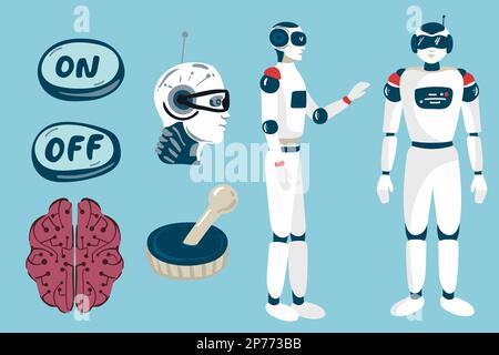 Jeu de robots Alien, personnages de dessins animés de la technologie future. Formes de vie robotisées, machines futuristes ou cyborgs travailleurs avec intelligence artificielle, ve Illustration de Vecteur