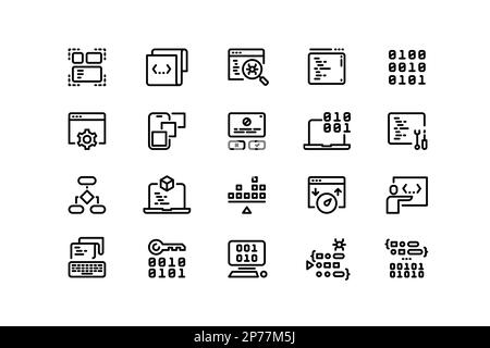 Icônes de ligne d'encodage. Édition, exécution et débogage de code de programme, architecture logicielle, développement et optimisation d'applications. Vecteur modifiable Illustration de Vecteur