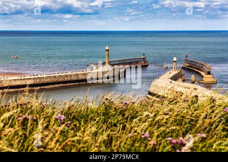 Vue sur l'entrée du port, rivière Esk, embouchure de la mer du Nord, Whitby, Yorkshire, Angleterre, Royaume-Uni Banque D'Images