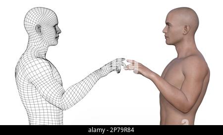 L'homme et l'homme sont en contact avec des index sur fond blanc. Banque D'Images