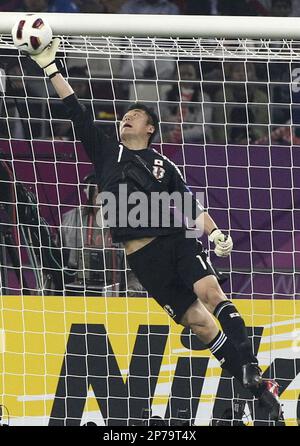Japan's goalkeeper Eiji Kawashima shows a super save at the second half of the Asian Cup final match against Australia on Saturday at Khalifa stadium in Doha, Qatar, Jan. 29, 2011. Kawashima was named as man of the match. Japan beated Australia at the final match 1-0 and became the cup's first four- time winner. ( The Yomiuri Shimbun via AP Images )