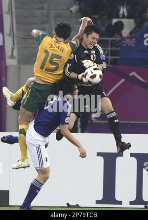 Japan's goalkeeper Eiji Kawashima shows a super save at the second half of the Asian Cup final match against Australia on Saturday at Khalifa stadium in Doha, Qatar, Jan. 29, 2011. Kawashima was named as man of the match. Japan beated Australia at the final match 1-0 and became the cup's first four- time winner. ( The Yomiuri Shimbun via AP Images )