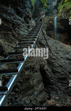 Difficile Trail avec échelle près de la cascade dans le canyon du parc national Slovak Paradise, Slovaquie., Slowacki Raj National Park, Slovaquie, Europe Banque D'Images