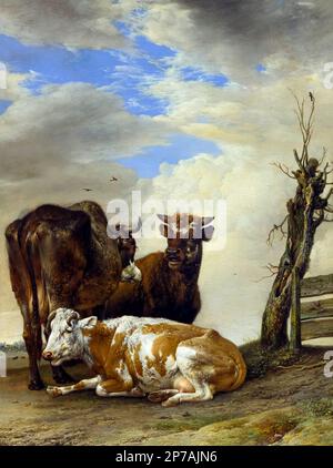 Deux vaches et un jeune taureau à côté d'une clôture dans un pré, Paulus Potter, 1647, Art Institute of Chicago, Chicago, Illinois, USA, Amérique du Nord, Banque D'Images