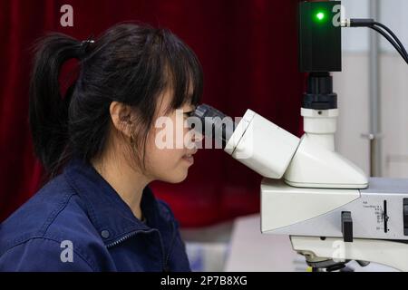 (230308) -- HARBIN, 8 mars 2023 (Xinhua) -- le travailleur Qiu yumin travaille dans une usine de cokage à Qitaihe, dans la province de Heilongjiang, au nord-est de la Chine, au 7 mars 2023. Les entreprises de la province de Heilongjiang, une ancienne base industrielle du nord-est de la Chine, ont fait des progrès vers l'objectif d'un bon départ au premier trimestre de 2023. De nombreuses travailleuses jouent un rôle actif dans divers milieux de travail. La Journée internationale de la femme, célébrée mercredi, est une occasion unique de rendre hommage à la « puissance de l'homme ». (Xinhua/Xie Jianfei) Banque D'Images