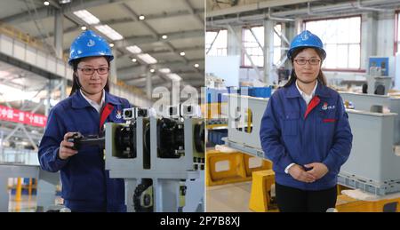 (230308) -- HARBIN, 8 mars 2023 (Xinhua) -- cette photo combinée montre le technicien Song Mingjing qui travaille (L) et pose pour une photo dans un atelier de la Chine première industrie lourde (CFHI) à Qiqihar, dans la province de Heilongjiang, au nord-est de la Chine, au 6 mars 2023. Les entreprises de la province de Heilongjiang, une ancienne base industrielle du nord-est de la Chine, ont fait des progrès vers l'objectif d'un bon départ au premier trimestre de 2023. De nombreuses travailleuses jouent un rôle actif dans divers milieux de travail. La Journée internationale de la femme, célébrée mercredi, est une grande occasion de rendre hommage à cette Journée Banque D'Images