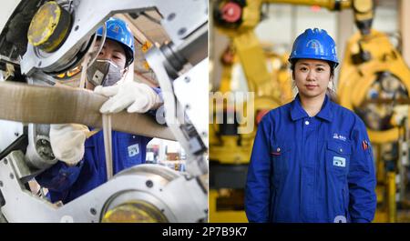 (230308) -- HARBIN, 8 mars 2023 (Xinhua) -- cette photo combinée montre le travailleur de l'isolation Yang Meng travaillant (L) et posant pour une photo dans un atelier de Harbin Electric Machinery Company Ltd. De Harbin Electric Corporation à Harbin, dans la province de Heilongjiang, au nord-est de la Chine, au 6 mars 2023. Les entreprises de la province de Heilongjiang, une ancienne base industrielle du nord-est de la Chine, ont fait des progrès vers l'objectif d'un bon départ au premier trimestre de 2023. De nombreuses travailleuses jouent un rôle actif dans divers milieux de travail. La Journée internationale de la femme, célébrée mercredi, est une Banque D'Images