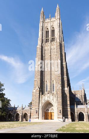 Chapel Drive, Duke University, Durham, Caroline du Nord, montrant une pelouse verte avec une ombre d'arbre nettement définie, une branche d'arbre suspendue et un soleil éclatant Banque D'Images