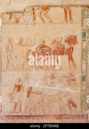 Egypte, Saqqara, tombe de Horemheb, salle intérieure, paroi est côté sud, chevaux et chars attendent Horemheb et hauts officiers. Banque D'Images