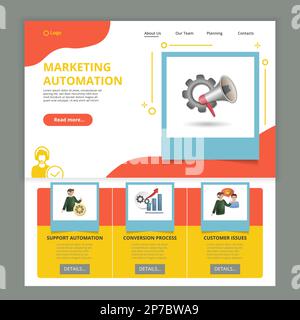 Modèle de page d'accueil du site Web de l'automatisation du marketing. Prendre en charge l'automatisation, le processus de conversion, les problèmes des clients. Bannière Web avec en-tête, contenu et Illustration de Vecteur