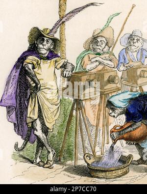 Photographie Time Lapse, style 1842 : détail, gravure en bois teintée à la main de premiers photographes bohèmes, dessinés comme des singes par le satirat politique et social français radical J.J. Grandville (1803-47), attendant impatiemment qu'un assistant simien finisse de laver ses plaques photographiques. De «scénarios de la vie privée et publique des animaux», dans lequel Grandville a décrit de nombreux autres animaux effectuant des tâches humaines. Banque D'Images