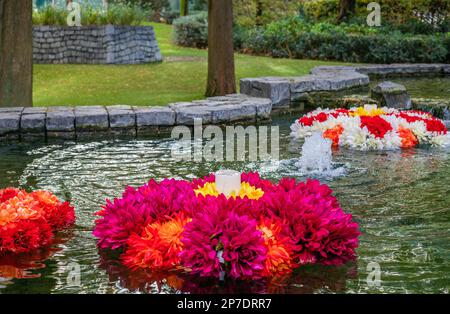 Des fleurs de rangoli colorées flottent dans des bassins d'eau pour célébrer Diwali Banque D'Images