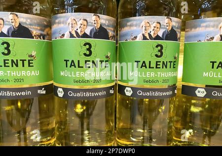 Viersen, Allemagne - 3 mars. 2023: Gros plan des bouteilles de vin blanc allemand Müller Thurgau 3 Talente, l'étiquette montre une photo des vignerons Banque D'Images