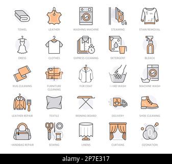 Nettoyage à sec, icônes de la file de lavage. Lave-linge de service de blanchisserie, chaussures et réparation de layette, détachage, repassage de vêtements et vapeur Illustration de Vecteur