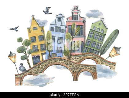 Jolies maisons colorées avec arbres, ponts, pigeons et lanternes. Illustration aquarelle. Composition de la collection MAISONS EUROPÉENNES. Pour la conception Banque D'Images