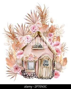 Composition aquarelle d'une ancienne ferme en bois et fleur rose . Illustration dessinée à la main avec aquarelle sur fond blanc. Banque D'Images