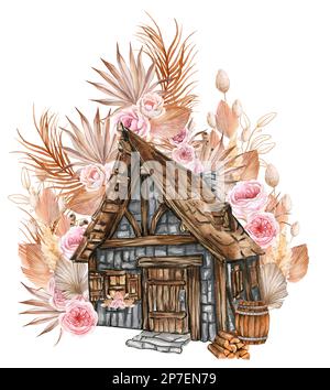 Composition aquarelle d'une ancienne ferme en bois et fleur rose . Illustration dessinée à la main avec aquarelle sur fond blanc. Banque D'Images