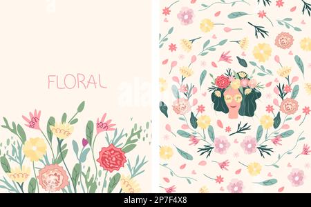 Des illustrations lumineuses avec une femme, des fleurs et des feuilles dans un cercle. Femme heureuse de printemps. Bonne journée mère. Idéal pour les cartes de vœux, les cartes, les bannières et les affiches. Graphiques vectoriels. Illustration de Vecteur