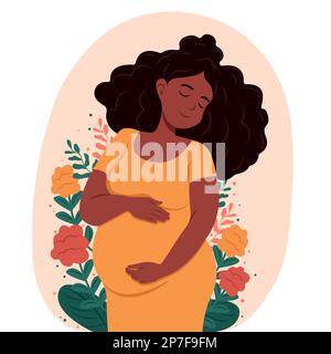 Belle femme enceinte noire épouse son ventre. Grossesse en santé. Illustration de Vecteur