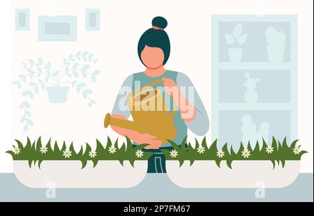 Femme arrosoir plantes à la maison avec arrosoir vecteur Illustration de printemps à plat Illustration de Vecteur