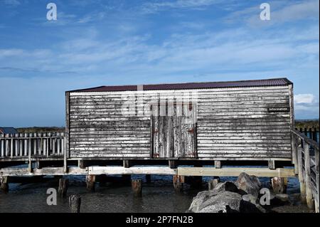 Le quai, la jetée et la maison de bateau à la colonie de la côte ouest d'Okarito. Pendant la ruée vers l'or de 1860s, Okarito a vu plus de 500 mineurs débarquer en une journée. Banque D'Images