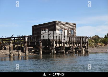 Le quai, la jetée et la maison de bateau à la colonie de la côte ouest d'Okarito. Pendant la ruée vers l'or de 1860s, Okarito a vu plus de 500 mineurs débarquer en une journée. Banque D'Images