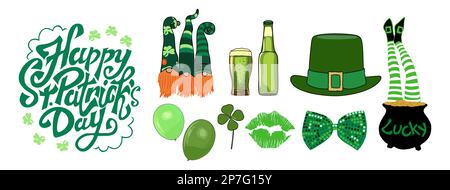Bonne rue Symboles de la fête de la Patricks et texte lettrage Illustration de Vecteur