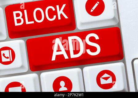 Affichage conceptuel des publicités bloc. Programme d'idée d'affaires qui supprimera différents types de publicité du Web Banque D'Images