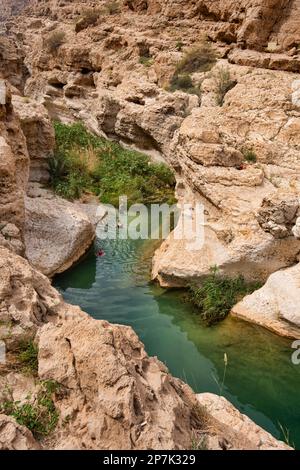 Eau turquoise traversant le canyon Wadi Shab, Wadi Ash Shab, Oman Banque D'Images
