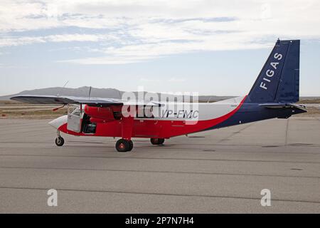 A Britten Norman B2B Islander, VP-FMC, appartenant au service aérien du gouvernement des îles Falkland, FIGAS, à l'aéroport Stanley, dans les îles Falkland. Banque D'Images