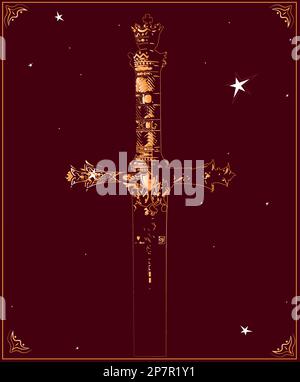 Carte bordeaux avec les contours d'une épée en croix dorée. Illustration de Vecteur