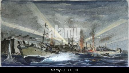 SERVICE DE NOUVELLES ET FONCTIONNALITÉS AJAX. 28TH MARS 1942. ST NAZAIRE, FRANCE. - OPÉRATION CHAR - MTB 74, LE VOSPER SÉRIE DEUX TORPEDO EN ACTION PENDANT LA MARINE ROYALE BRITANNIQUE ET LE RAID COMMANDO SUR LE QUAI SEC NORMANDIE À ST.NAZAIRE, FRANCE, REPRÉSENTÉ DANS L'ILLUSTRATION DE CET ARTISTE PAR CAROLINE BEAUMONT. LE MTB 74 A ÉTÉ DÉRAILLÉ PAR SUB.LT. ROBERT WYNN DANS L'OPÉRATION AUDACIEUSE RAID DE CHAR SUR SAINT-NAZAIRE DANS LA NUIT DU 28TH MARS 1942. SES DEUX TUBES TORPILLES DE 21 POUCES ONT ÉTÉ REMPLACÉS PAR DES VERSIONS DE 18 POUCES MONTÉES SUR LE COL DE L'AVANT. LES MODÈLES À TOILE PEUVENT ÊTRE VUS À LA PLACE DES PLAQUES D'ACIER BLINDÉES À L'ARRIÈRE DE TH Banque D'Images