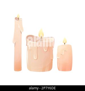 Cire bougie fusion bavure feu de mèche flamme ensemble de dessin animé. Maison décoration intérieure église parfumée pâques sticker intime événement mignon décoration spa détente romantique fête souvenirs isolés Illustration de Vecteur