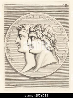 Têtes de Mark Antony et Cleopatra. Marcus Antonius, politicien romain, consul et général, 83-30 av. J.-C., portant une couronne de feuilles de lierre et de baies sacrées à Bacchus. Cléopâtre VII Philopator, Reine du Royaume Ptoléméen d'Égypte de 51 à 30 av. J.-C. M. Antonius Imp. Is. De SIG. ITER. Et tert. Antonio e Cleopatra. Gravure sur plaque de copperplate par Etienne Picart d'après Giovanni Angelo Canini d'Iconografia, cioe disegni d'imagini de famosissimi monarchi, regi, filososi, poeti ed oratori dell' Antichita, dessins d'images de célèbres monarques, rois, philosophes, poètes et orateurs d'Antiquity, Ignatio de Banque D'Images