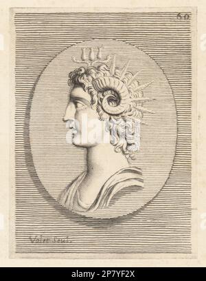 Chef de Mark Antony, Marcus Antonius, politicien romain, consul et général, 83-30 av. J.-C. M. Antonio. Jeune homme en profil avec des cornes de bélier de sa tête, des rayons de soleil et une fleur de lotus dans ses cheveux bouclés. Gravure en plaques de Guillaume Vallet d'après Giovanni Angelo Canini d'Iconografia, cioe disegni d'imagini de famosissimi monarchi, regi, filososi, poeti ed oratori dell' Antichita, dessins d'images de célèbres monarques, rois, philosophes, poètes et orateurs d'Antiquity, Ignatio de Lazatio, Rome, 1699. Banque D'Images