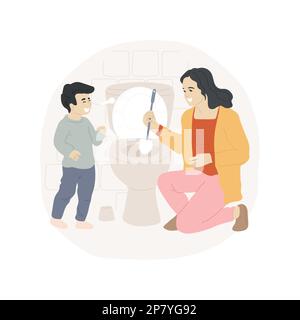 Utilisez une illustration vectorielle de dessin animé isolée par une brosse de toilette. Femme utilisant un pinceau, enseigner à l'enfant de nettoyer les toilettes, de garder la salle de bains propre, hygiène personnelle, famille règles sanitaires vector dessin animé. Illustration de Vecteur