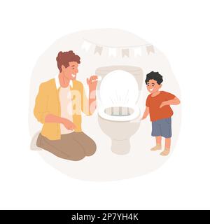 Illustration vectorielle isolée de dessin animé de chasse d'eau. Parent montrant au enfant comment rincer les toilettes, appuyez à la main sur le bouton, style de vie de famille, enfants règles d'hygiène dessin animé vectoriel. Illustration de Vecteur