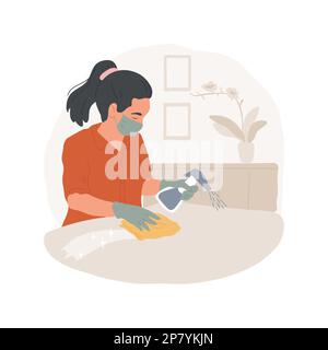 Illustration vectorielle isolée de l'assainissement de surface. Femme en gants faisant l'assainissement de surface à la maison avec flacon pulvérisateur de désinfectant, nettoyage de table, règles d'hygiène dessin animé vectoriel. Illustration de Vecteur