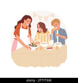 Dîner ensemble isolé dessin animé illustration vectorielle. Des adolescents souriants qui dînent à la maison, une maman qui sert de la nourriture, des adolescents qui mangent des habitudes, un vecteur de préférence de repas pour les adolescents. Illustration de Vecteur