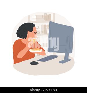 Manger devant l'illustration vectorielle de dessin animé isolée par ordinateur. Adolescent jouant des jeux vidéo et manger de la pizza, appréciant la nourriture de la malbouffe devant l'ordinateur, les adolescents mangeant habitudes vector caricature. Illustration de Vecteur