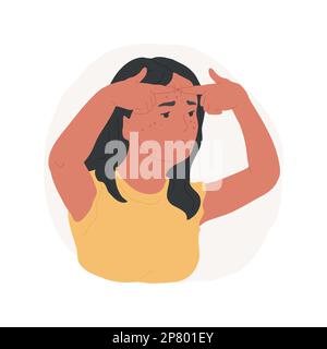 Illustration vectorielle isolée d'acné d'adolescent. Problème de peau, fille triste essayant de presser le bouton sur son front, soins de beauté, adolescent combattant l'acné, la femme complexes vecteur bande dessinée. Illustration de Vecteur