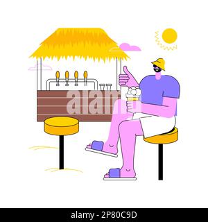 Beach bar illustrations vectorielles de dessins animés isolées. Homme souriant dans des lunettes de soleil boit de la bière sur la plage, vacances d'été, voyage et humeur de détente, dessins animés vectoriels de vacances tropicales. Illustration de Vecteur