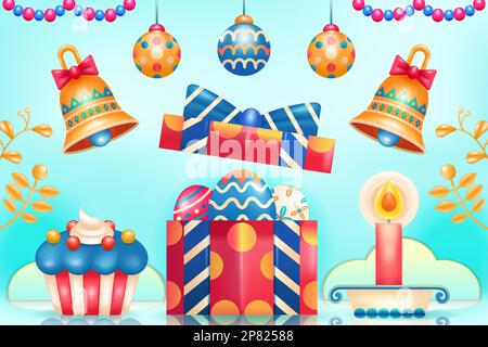 Bonne journée de Pâques. 3d illustration de cadeaux, œufs, cloches, gâteaux et bougies Illustration de Vecteur