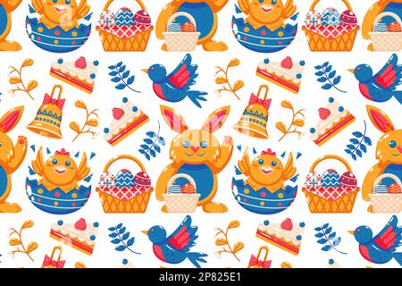 Motif joyeuses Pâques. Lapin, poussins, oiseaux, gâteau, cloches et panier à œufs Illustration de Vecteur