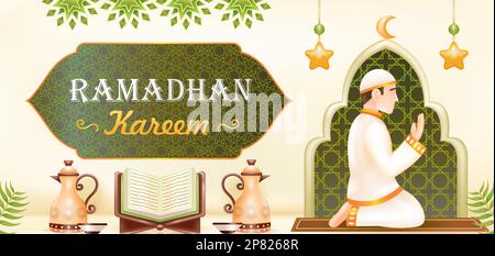 kareem de Ramadan. 3d illustration d'une mosquée, d'une lampe, d'un tambour, d'un podium et d'un homme priant Illustration de Vecteur