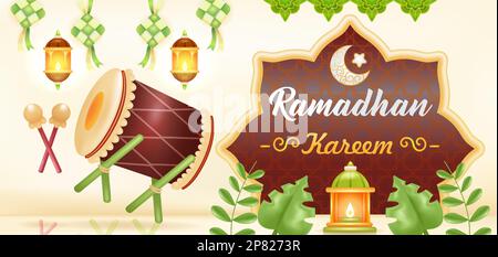 kareem de Ramadan. 3d illustration d'une mosquée, d'une lampe, d'un tambour, d'un podium et d'un homme priant Illustration de Vecteur