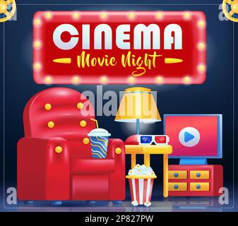 Cinéma, soirée cinéma. 3d sièges vectoriels, pop-corn et boissons Illustration de Vecteur